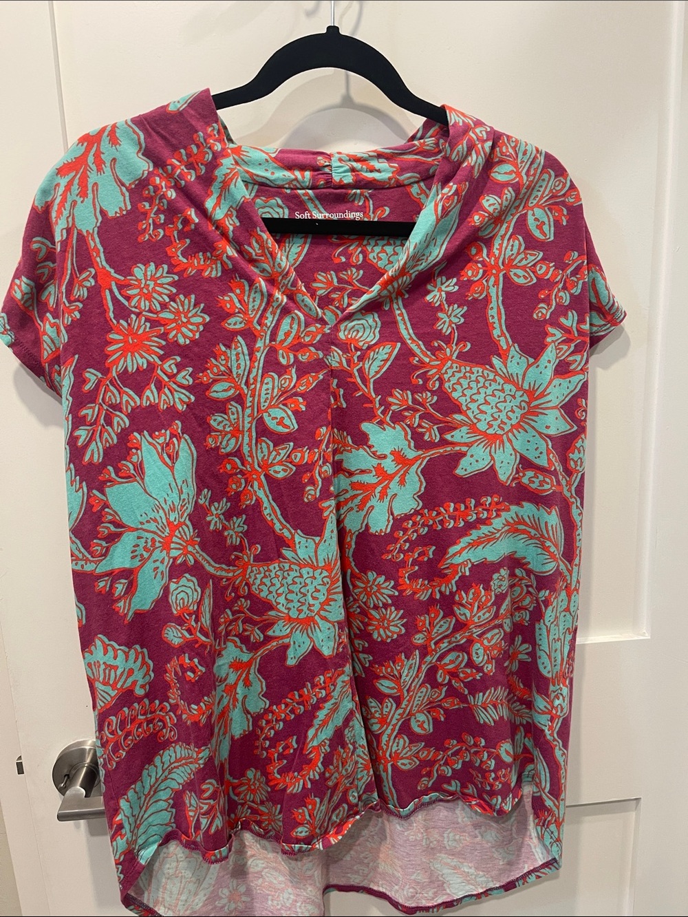 Soft Surroundings Magenta Floral Hooded Short-Sleeve Tunic Teal Accents sz 1X